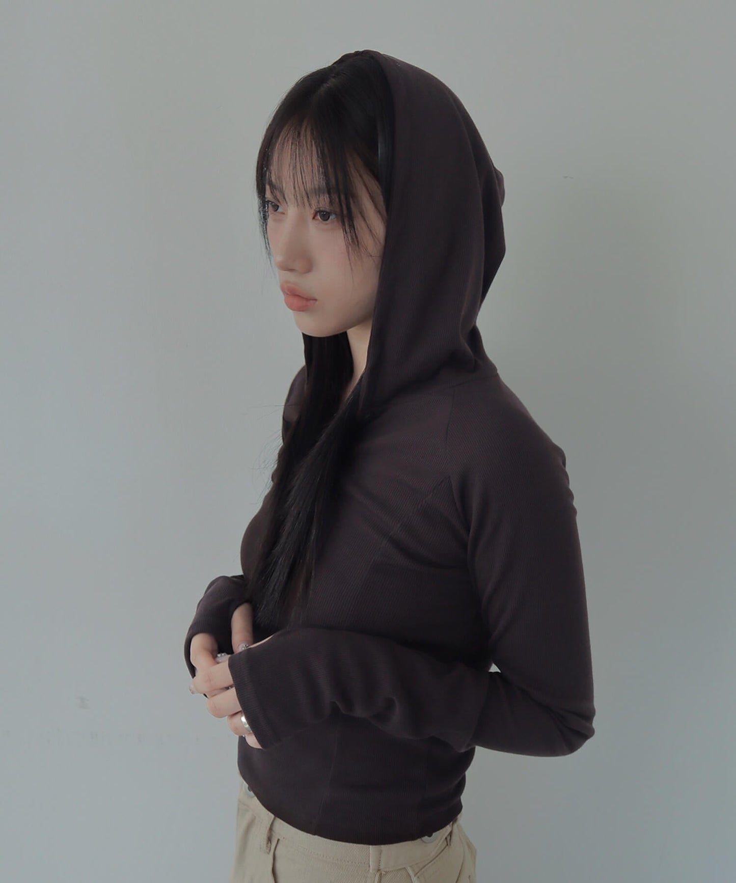 シルバーボタンリブフード長袖Tシャツカットソー