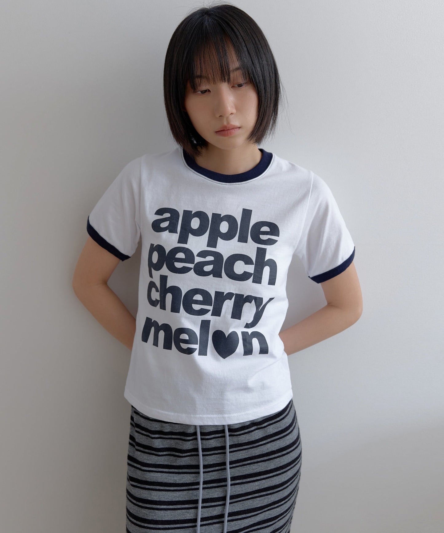 カジュアルフルーツレタリングリンガー半袖Tシャツ