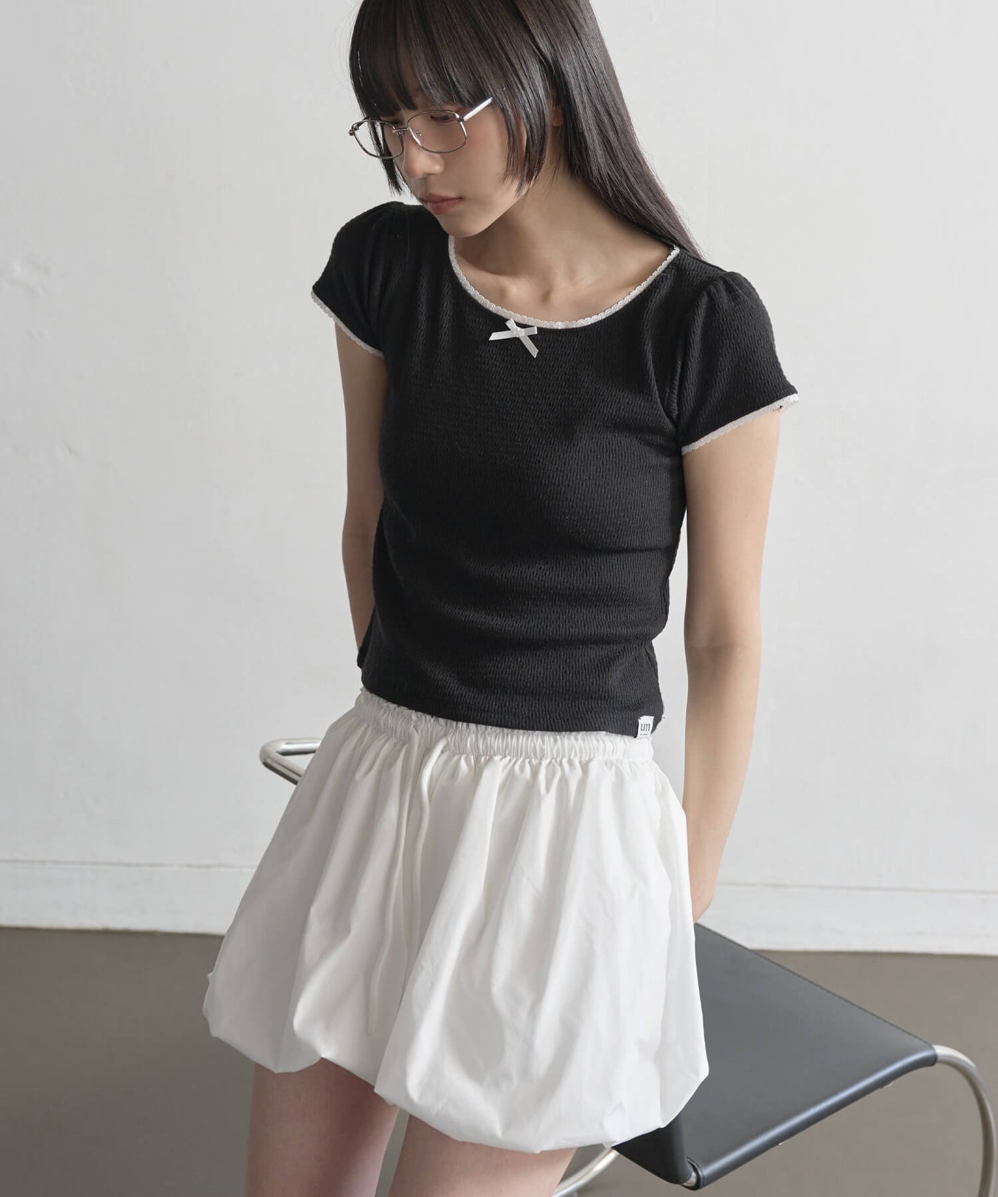 【UNE ORIGINAL】 ワッフルリボンレースショルダーパフ半袖Tシャツ