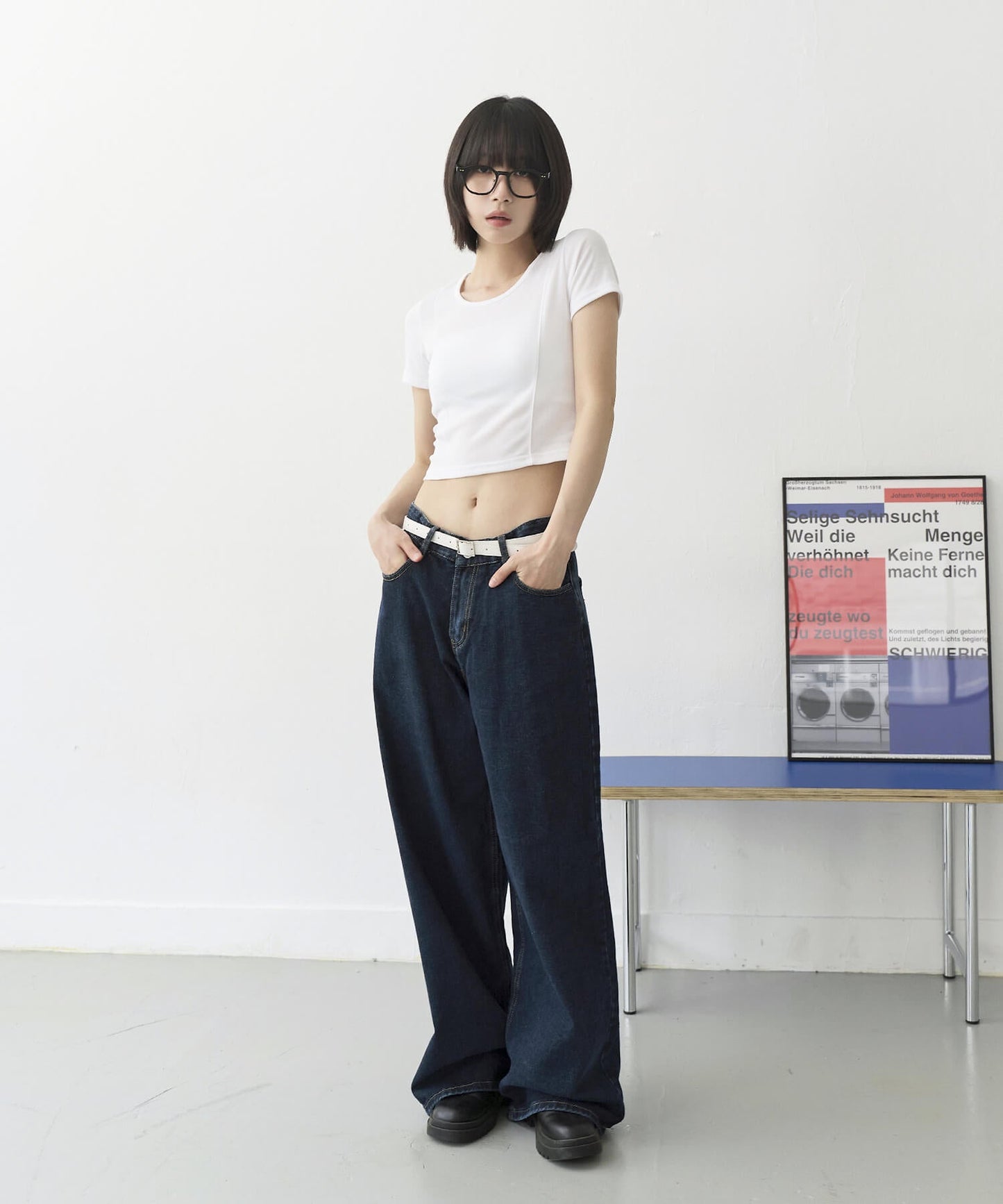 フロントダブルスリムラインクロップドＴシャツカットソー