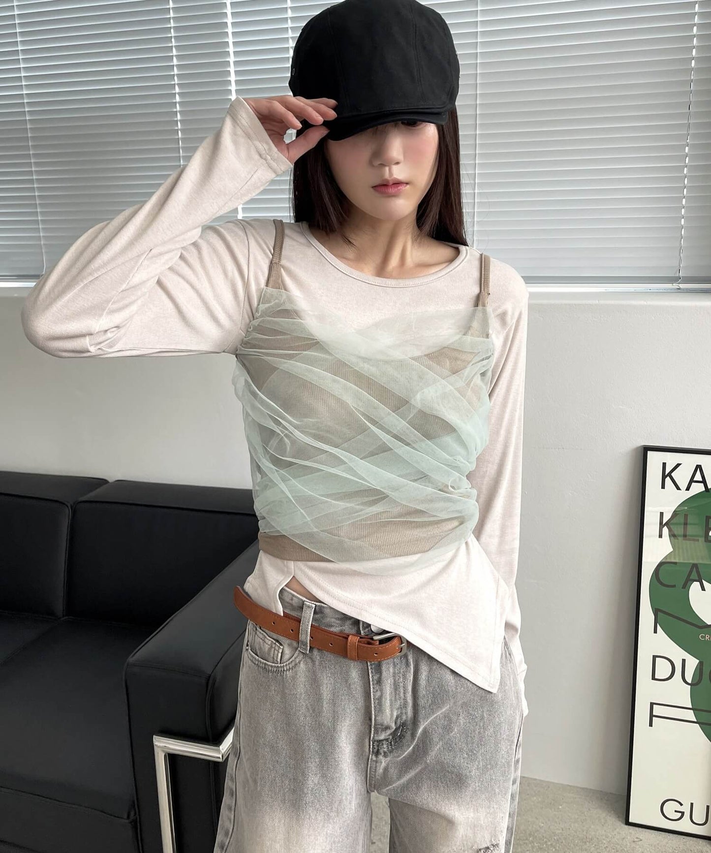 【カップ付き】シフォンシースルーオーガンザシャーリングキャミソール