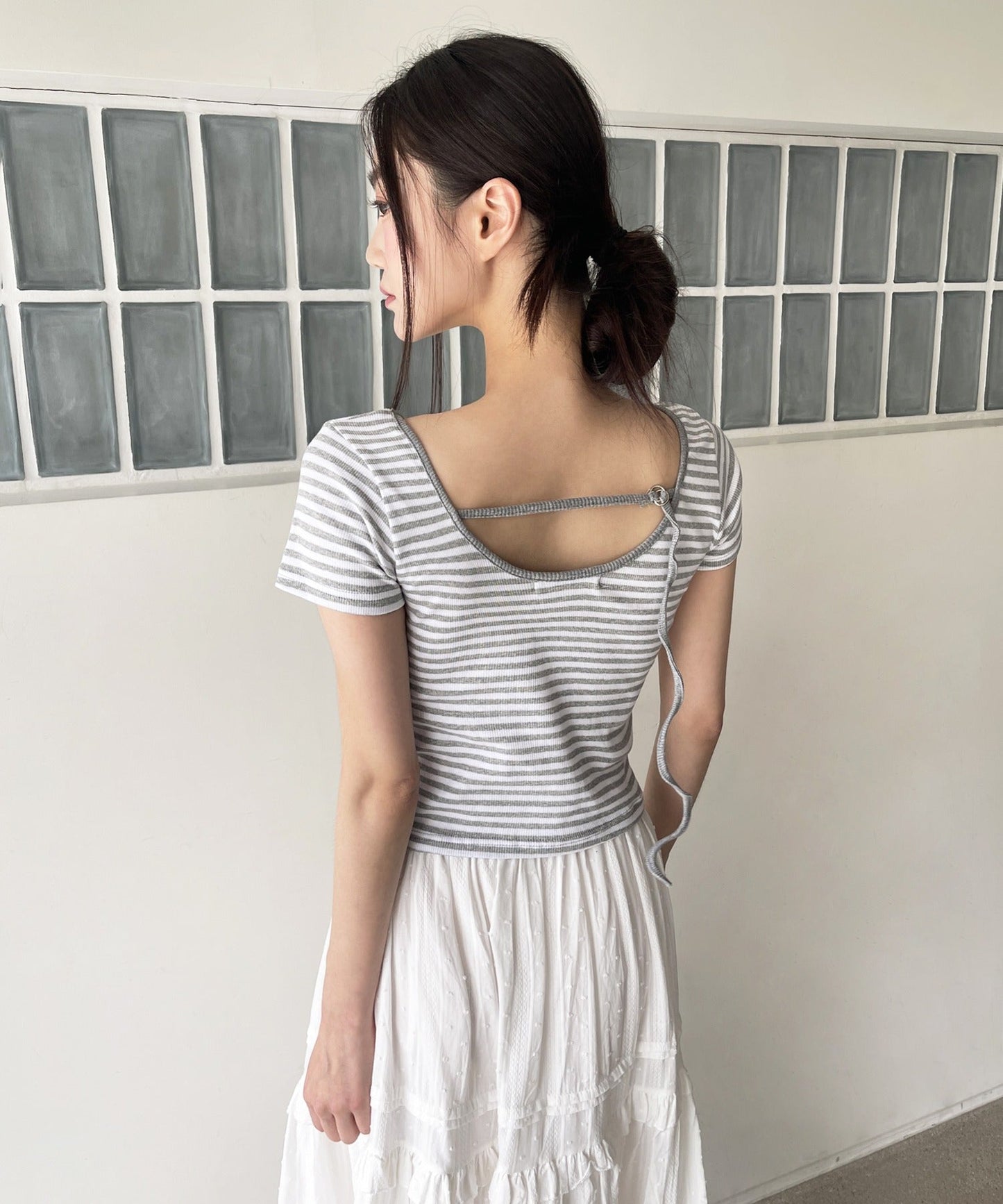 バックストリングUネックボーダーリブニット半袖Tシャツ