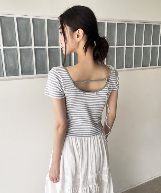 バックストリングUネックボーダーリブニット半袖Tシャツ