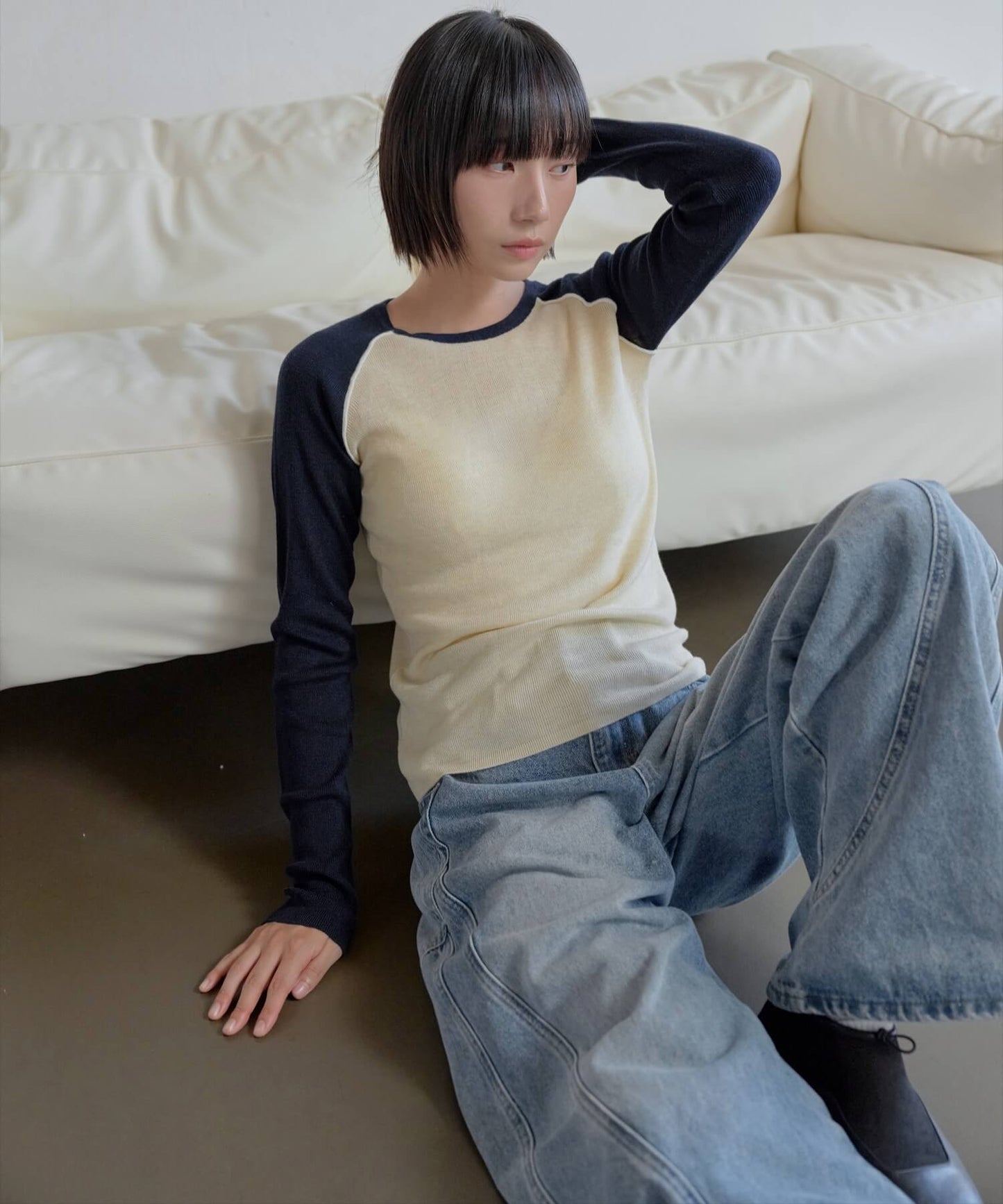 【UNE ORIGINAL】バイカラーラグランシンプルトーンニットTシャツ