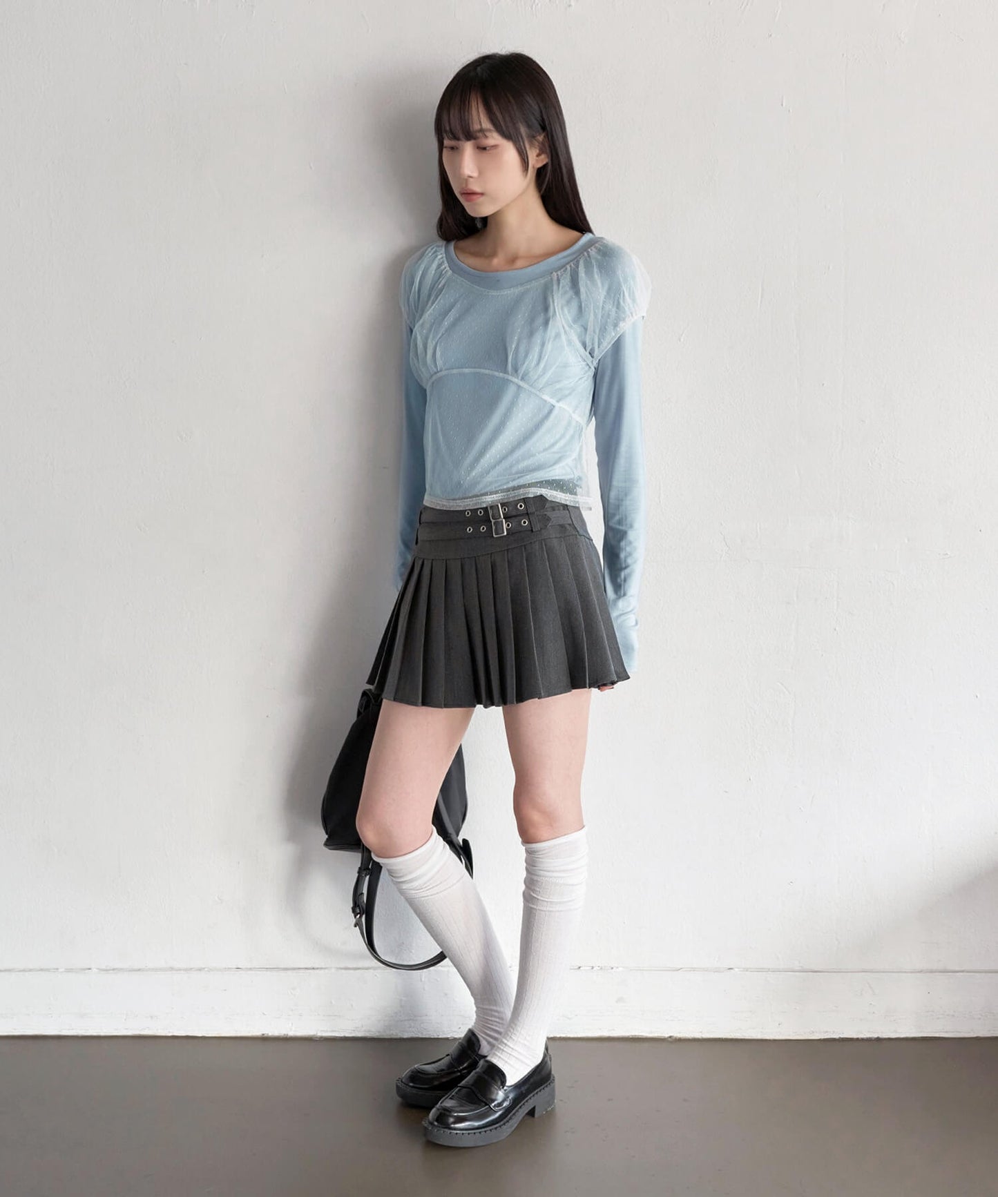 【UNE ORIGINAL】3WAYシースルーレイヤードドットショルダーパフ半袖T＆ラフUネックベーシックカットソーSET