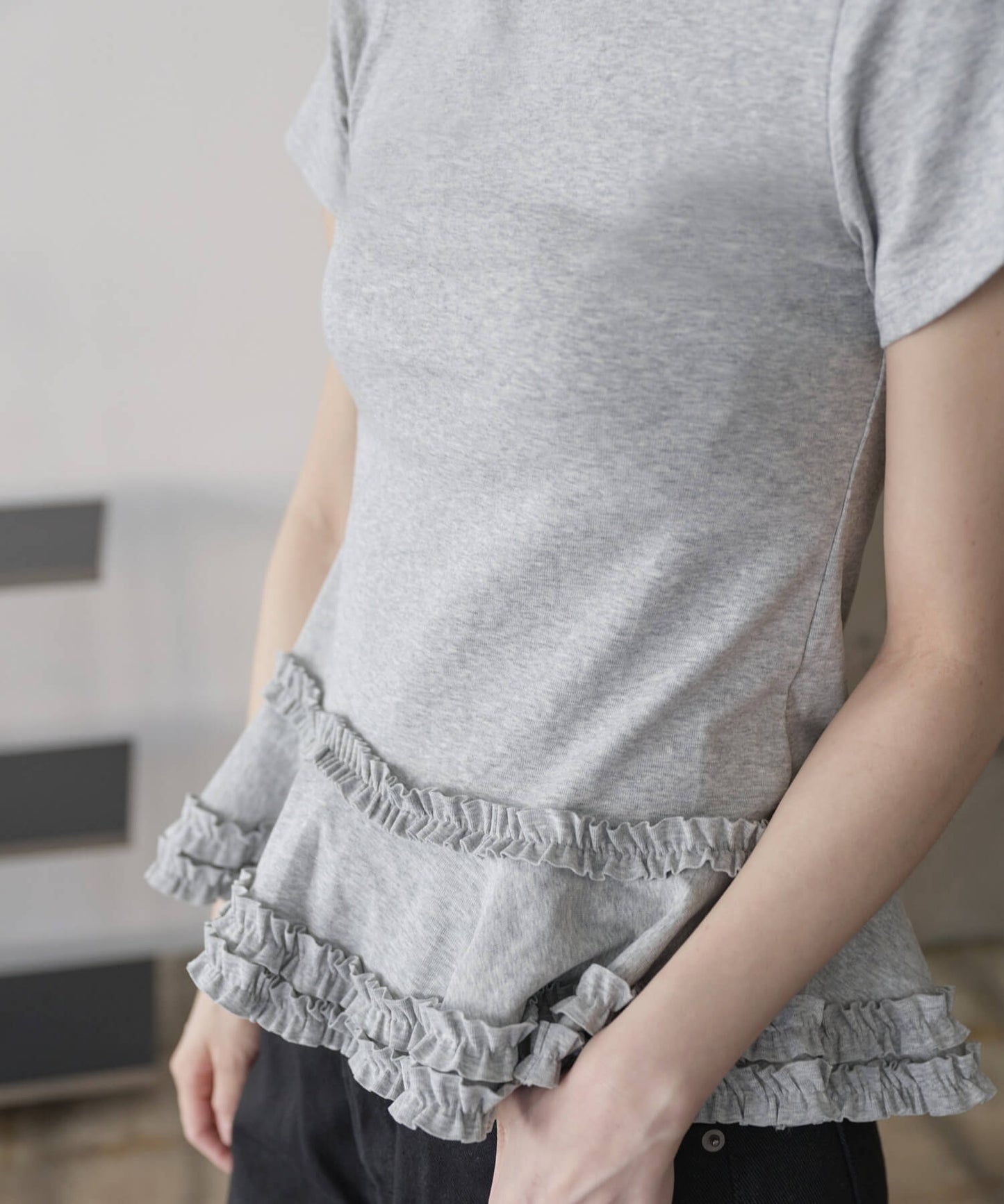 カンカンレースフリル レイヤード半袖Tシャツカットソー ラウンド
