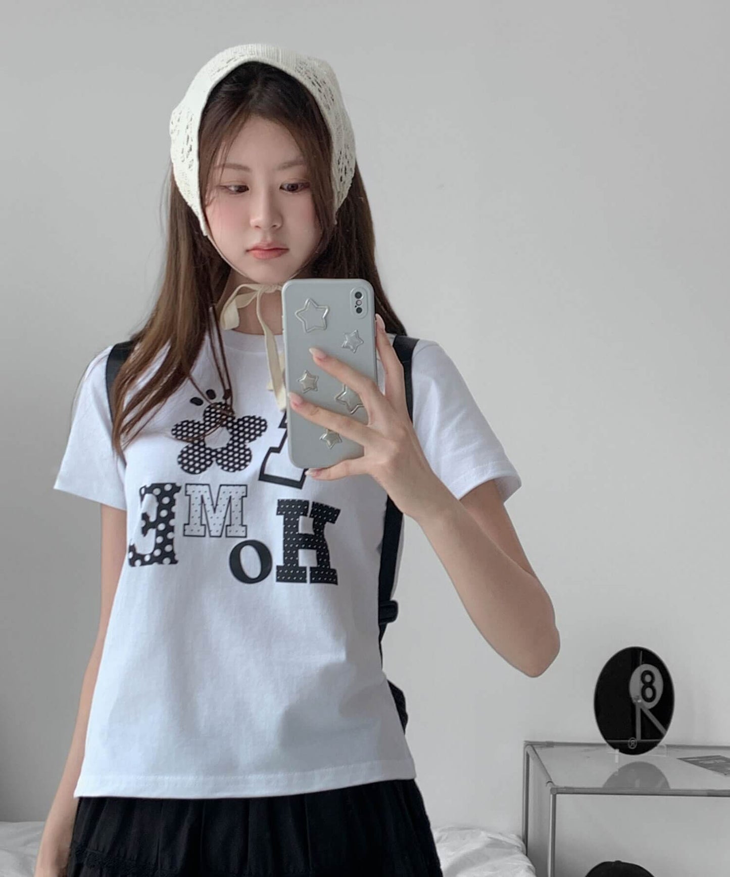 アロップホームDOTパターンフラワーアプリケットロゴクロップド半袖Ｔシャツ