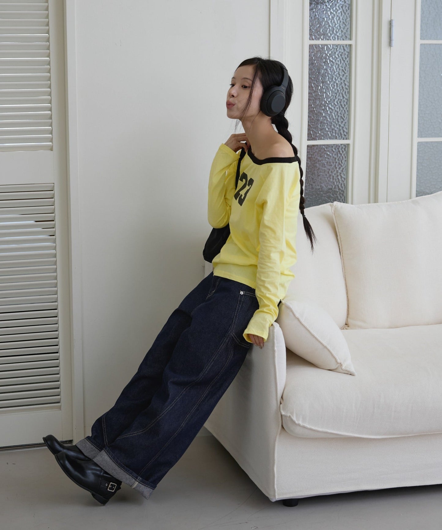 【オフショルダー/ワンショルダー2WAY着用可能】バイカラーナンバリング長袖Tシャツカットソー