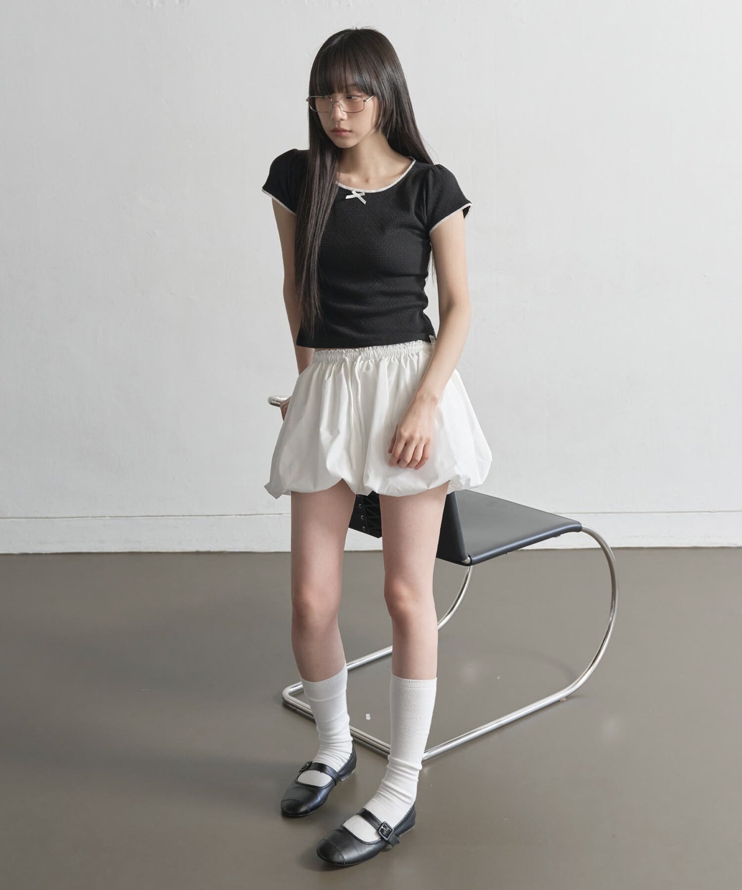 【UNE ORIGINAL】 ワッフルリボンレースショルダーパフ半袖Tシャツ