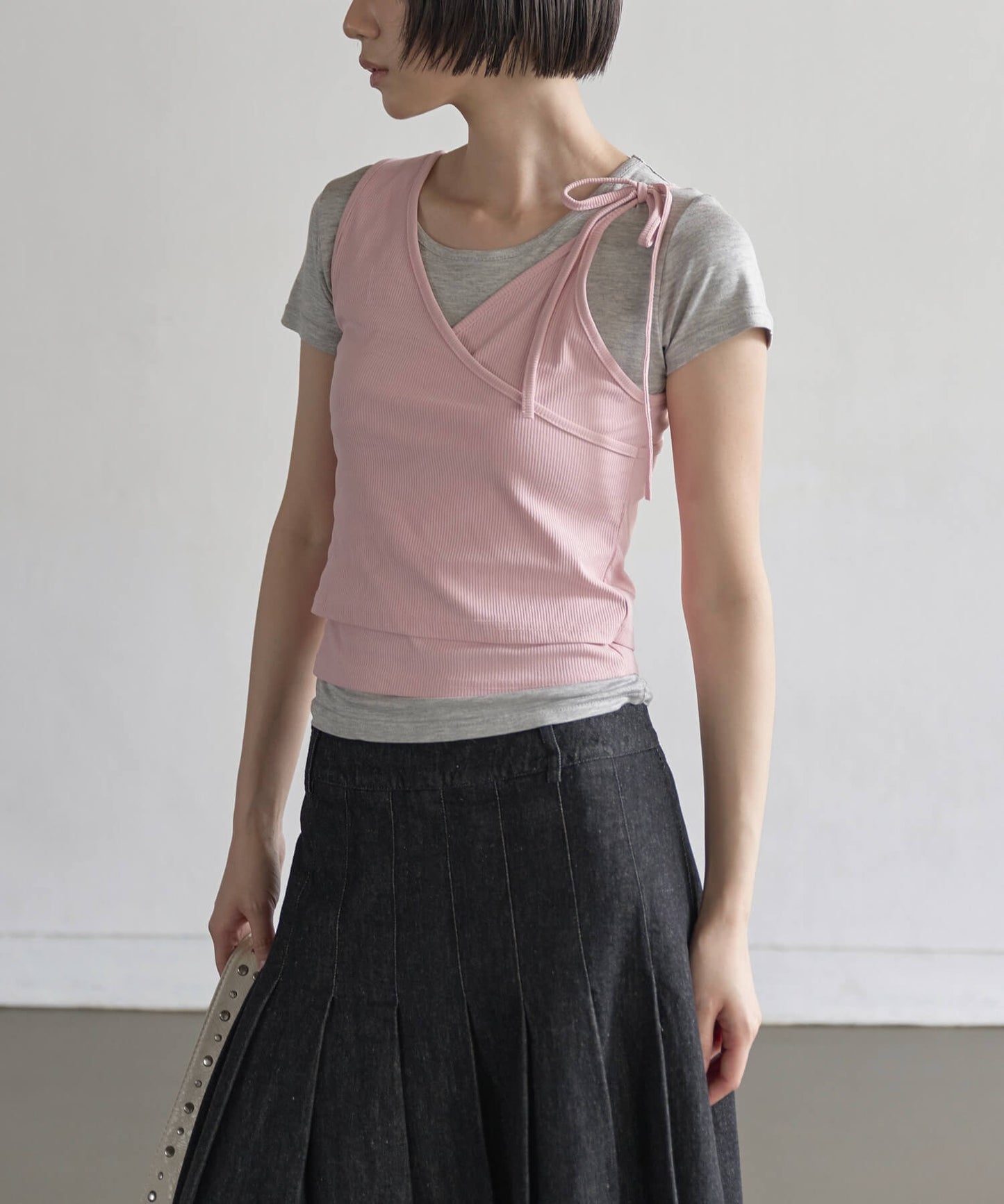【UNE ORIGINAL】 2WAYユニークラブリーリブキャミソールビスチェ＆インナーTシャツカットソーSET