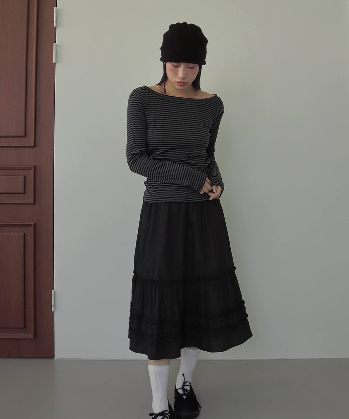 ストライプワンショルダー長袖Tシャツカットソー