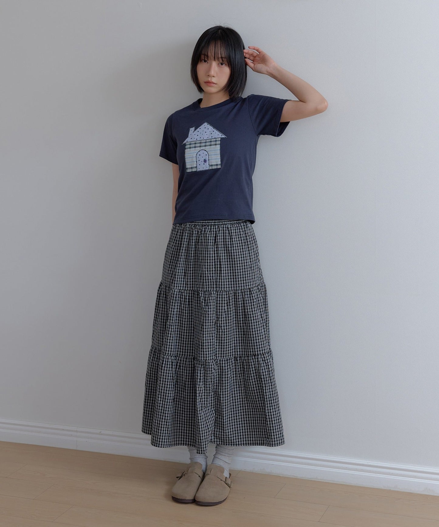 ウエストゴムチェックフリルフレアロングカンカンスカート