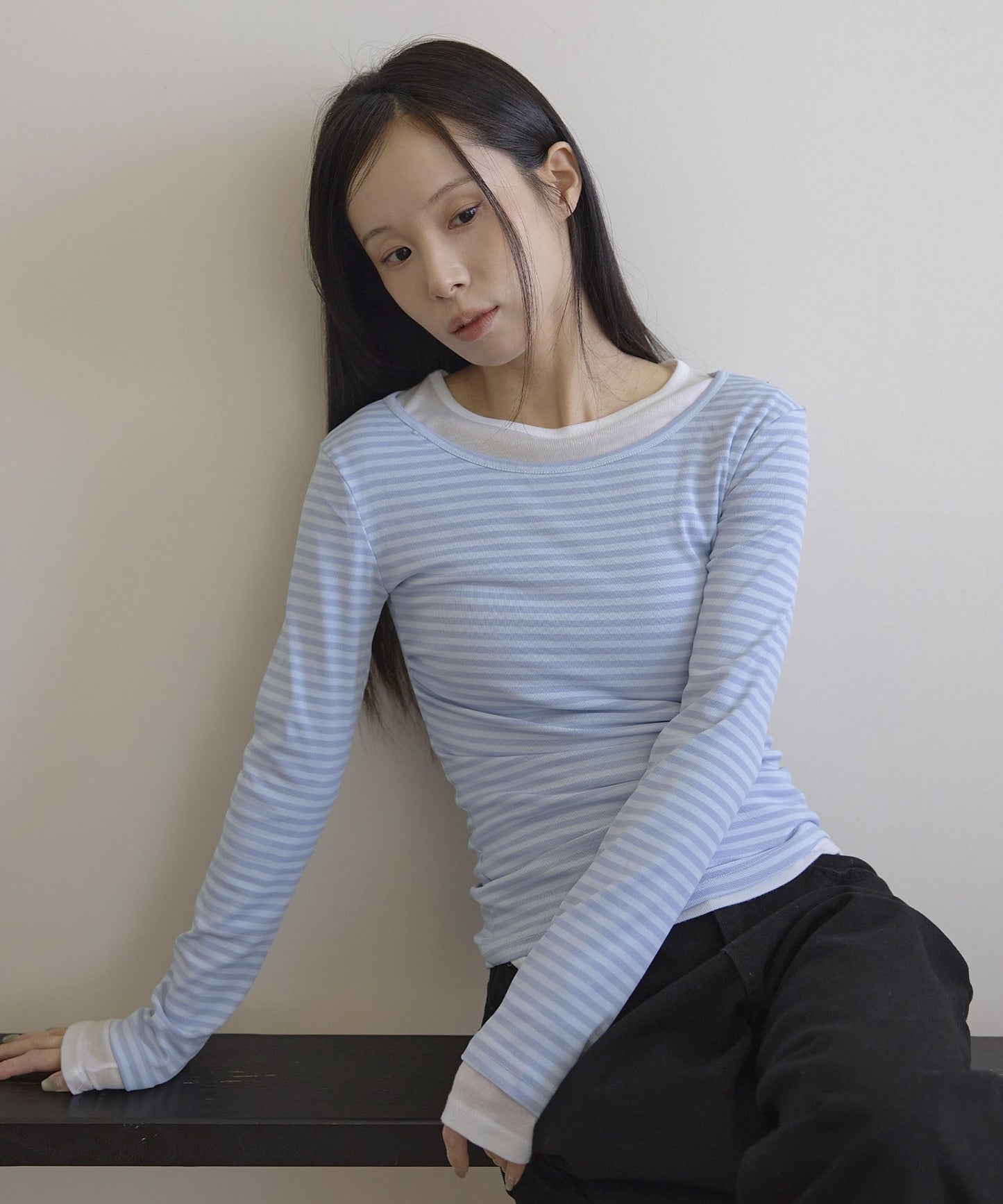 ベーシックルーズネックサイドシャーリングレイヤードストライプTシャツカットソー
