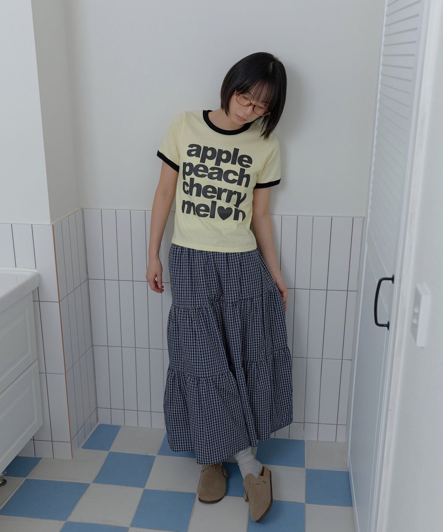 カジュアルフルーツレタリングリンガー半袖Tシャツ