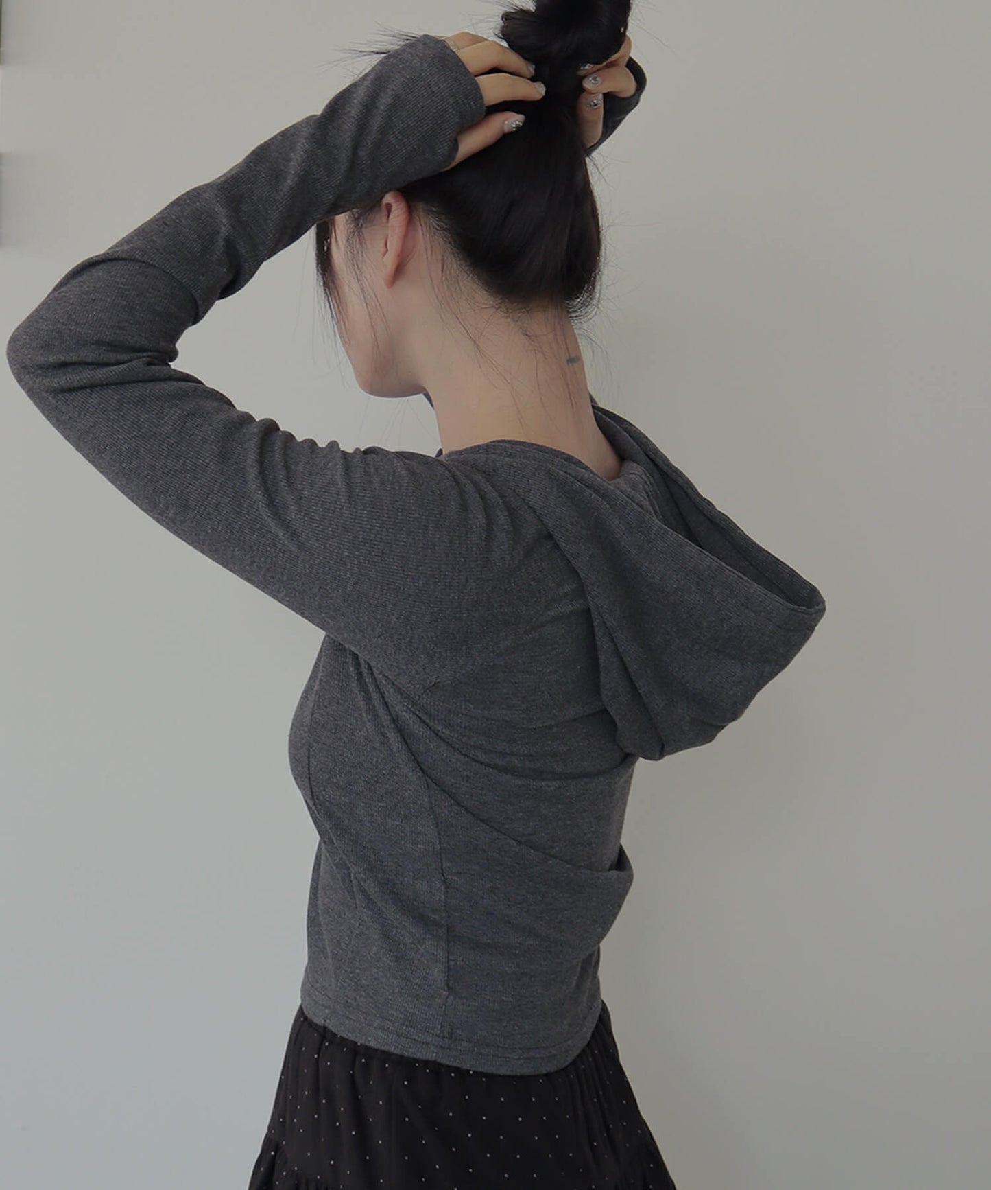 シルバーボタンリブフード長袖Tシャツカットソー