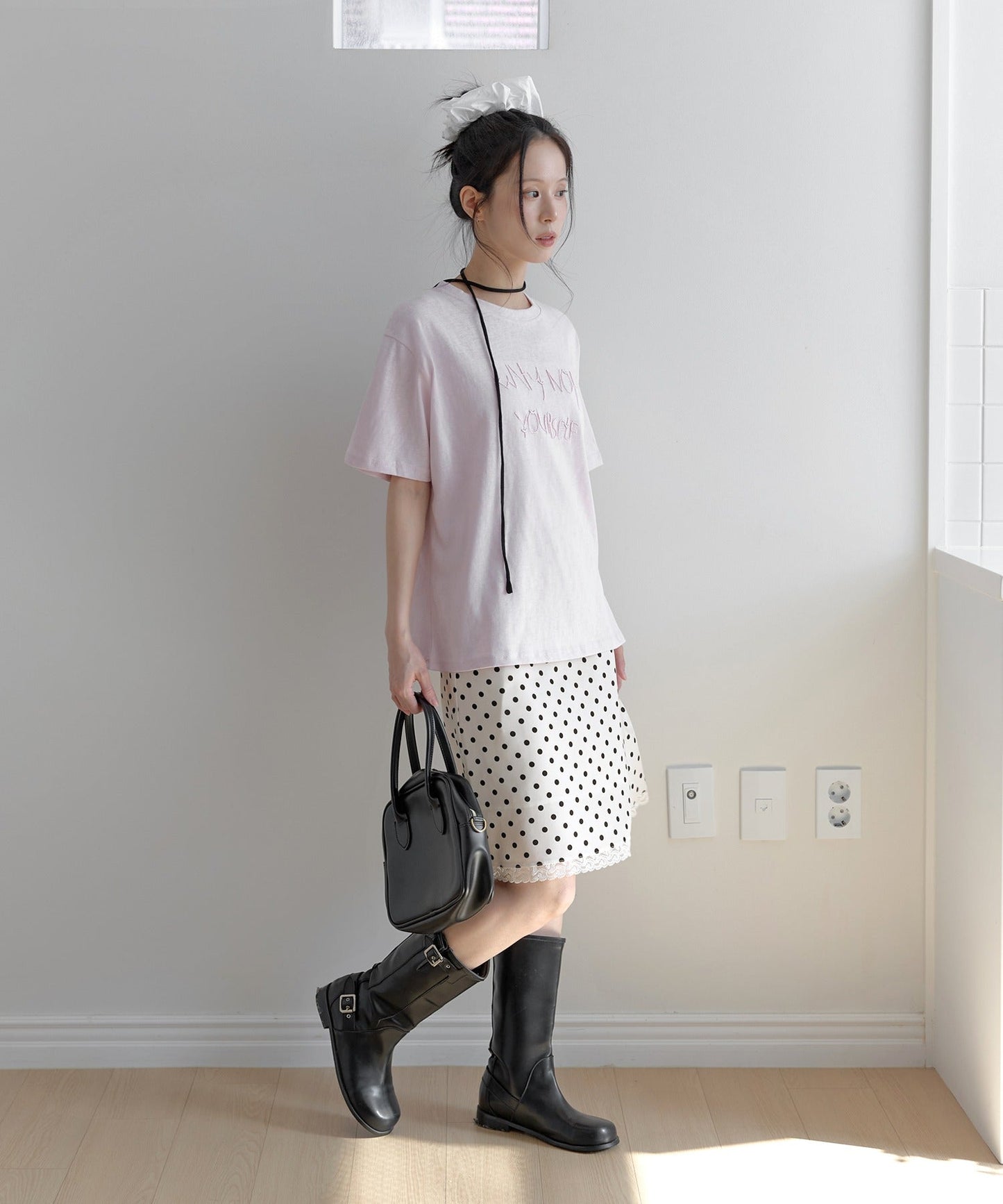 ポイントバイカラー刺繍オーバーサイズ半袖Tシャツカットソー