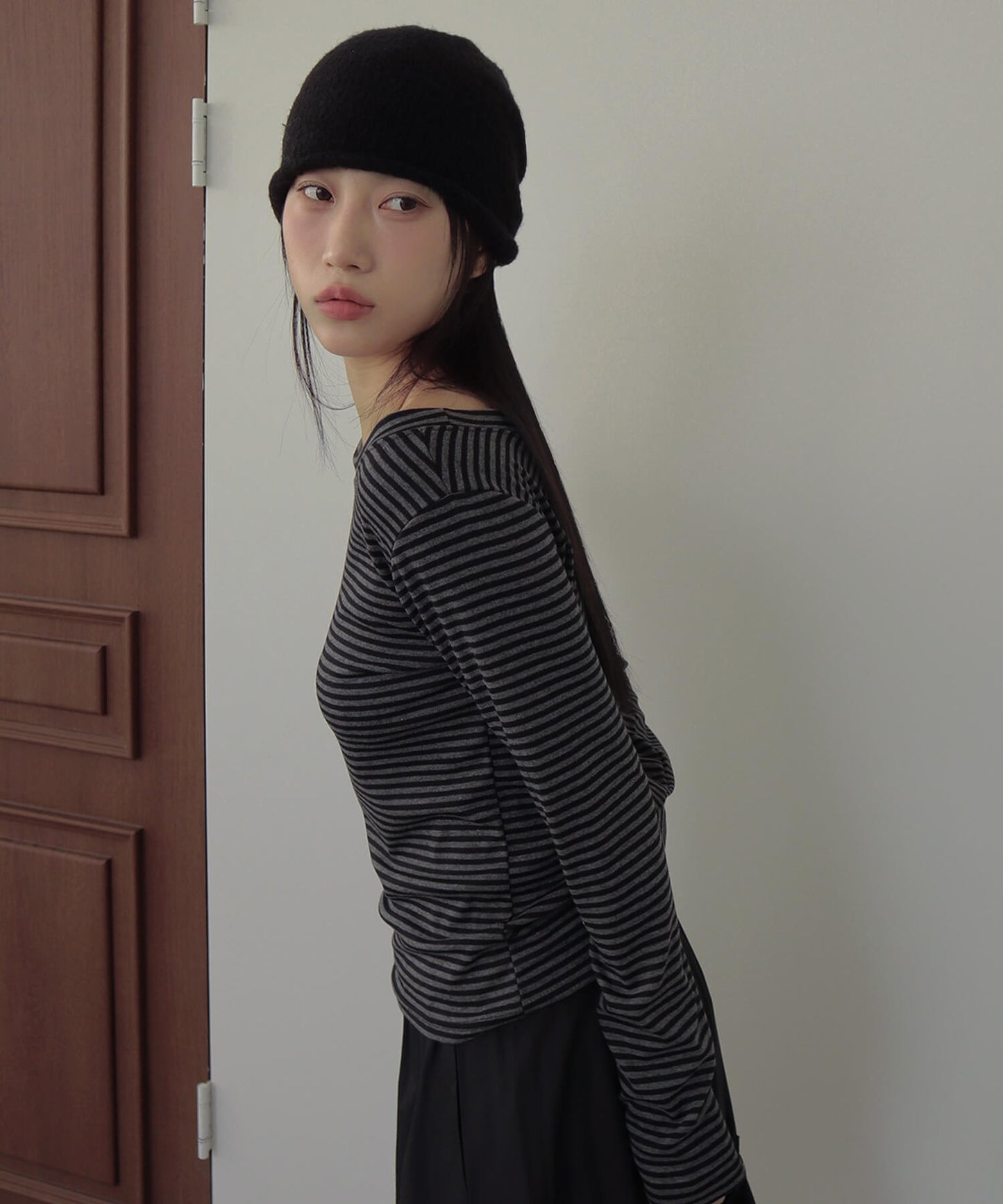 ストライプワンショルダー長袖Tシャツカットソー