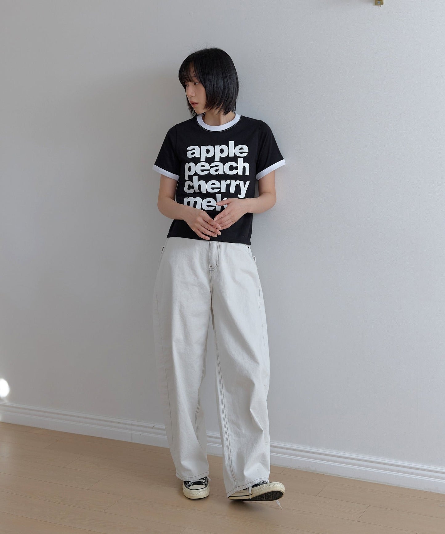 カジュアルフルーツレタリングリンガー半袖Tシャツ
