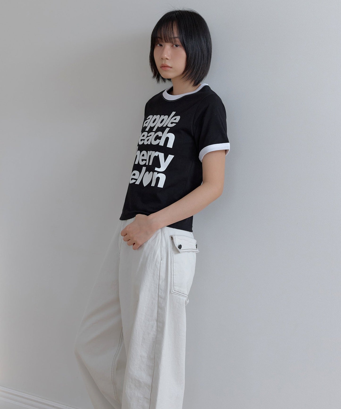 カジュアルフルーツレタリングリンガー半袖Tシャツ